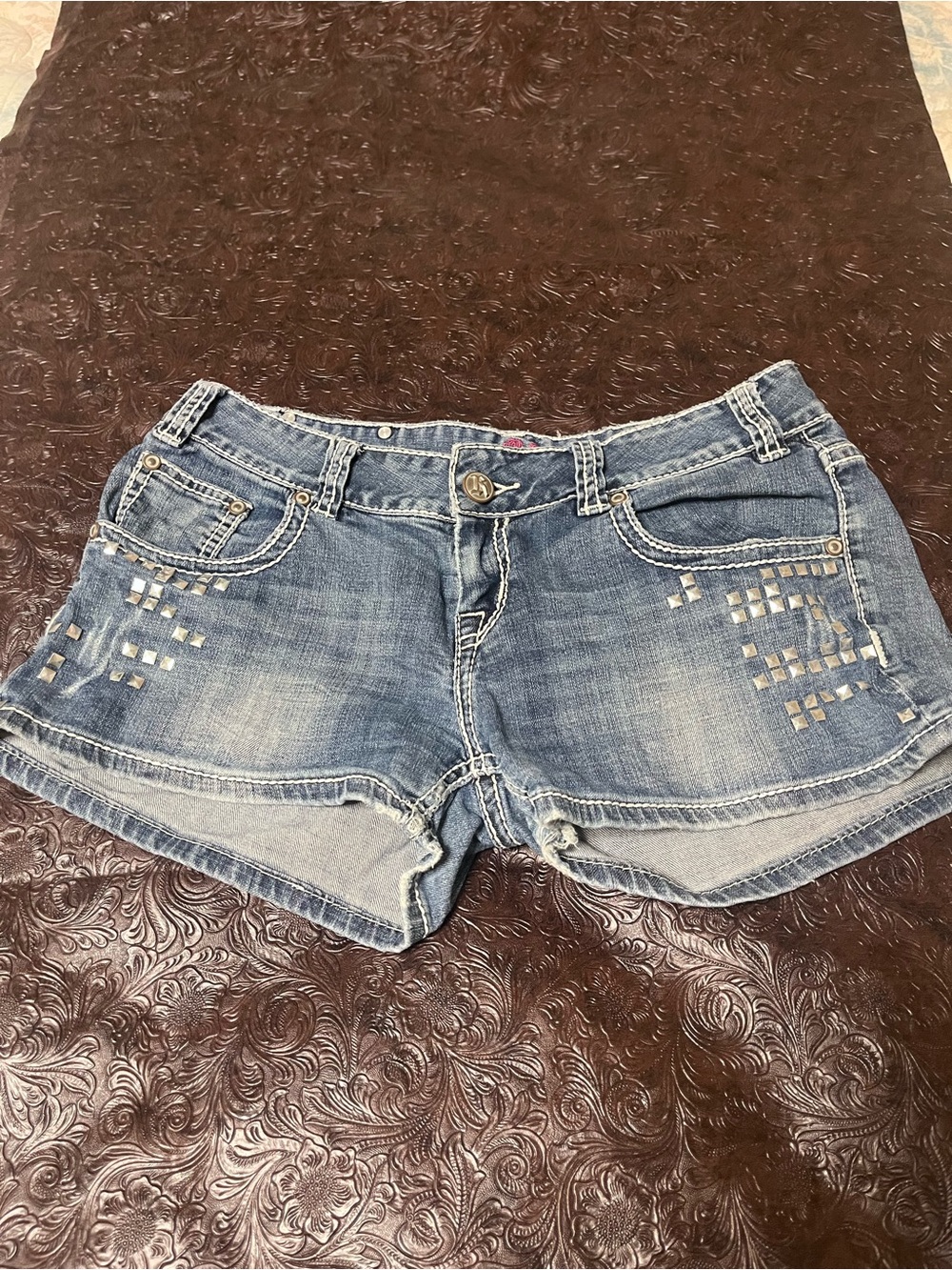Rock & Roll Cowgirl Light Blue Studded Denim Cutoff Shorts